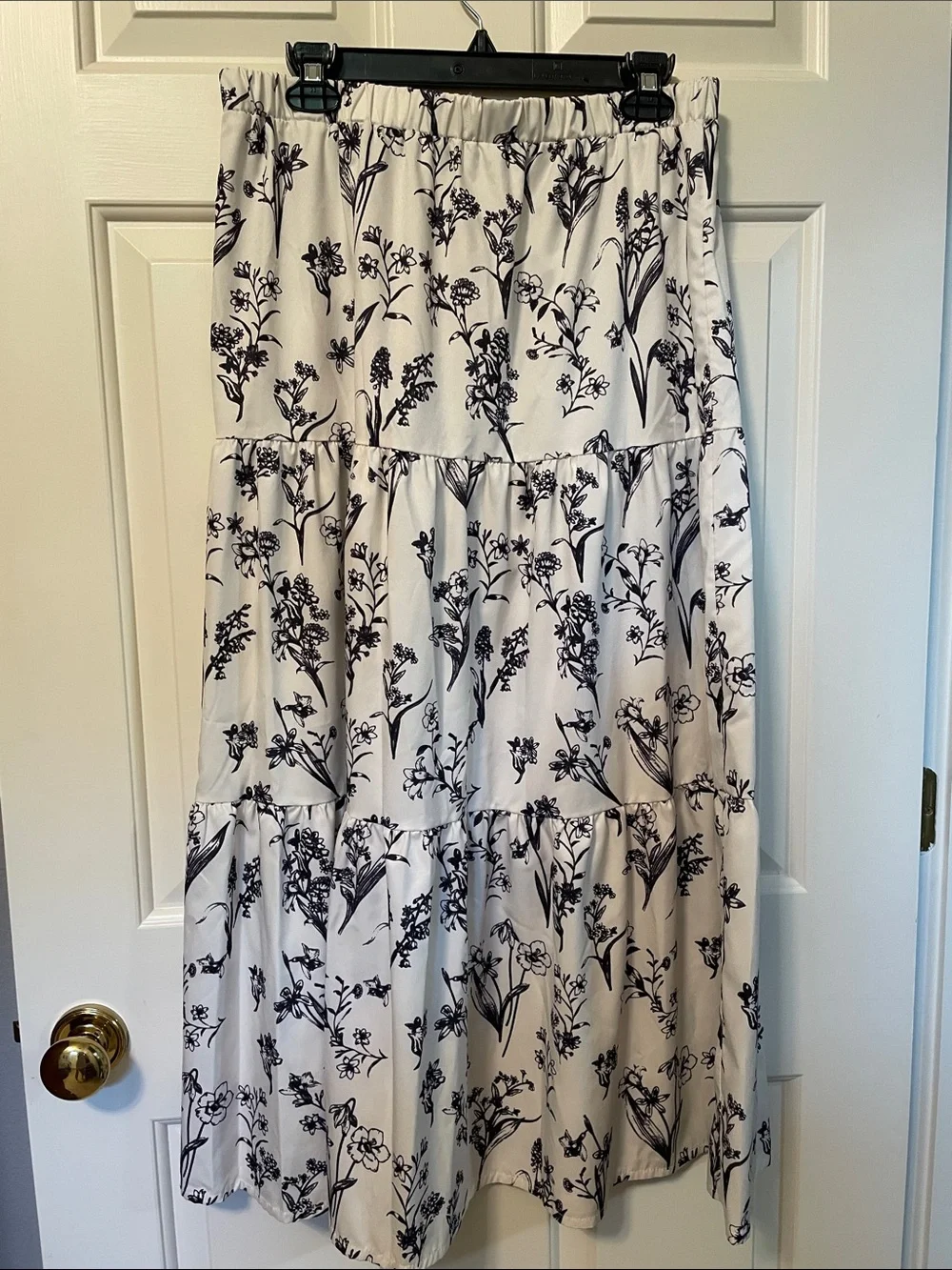 Tiered Floral Midi Skirt in White and Black